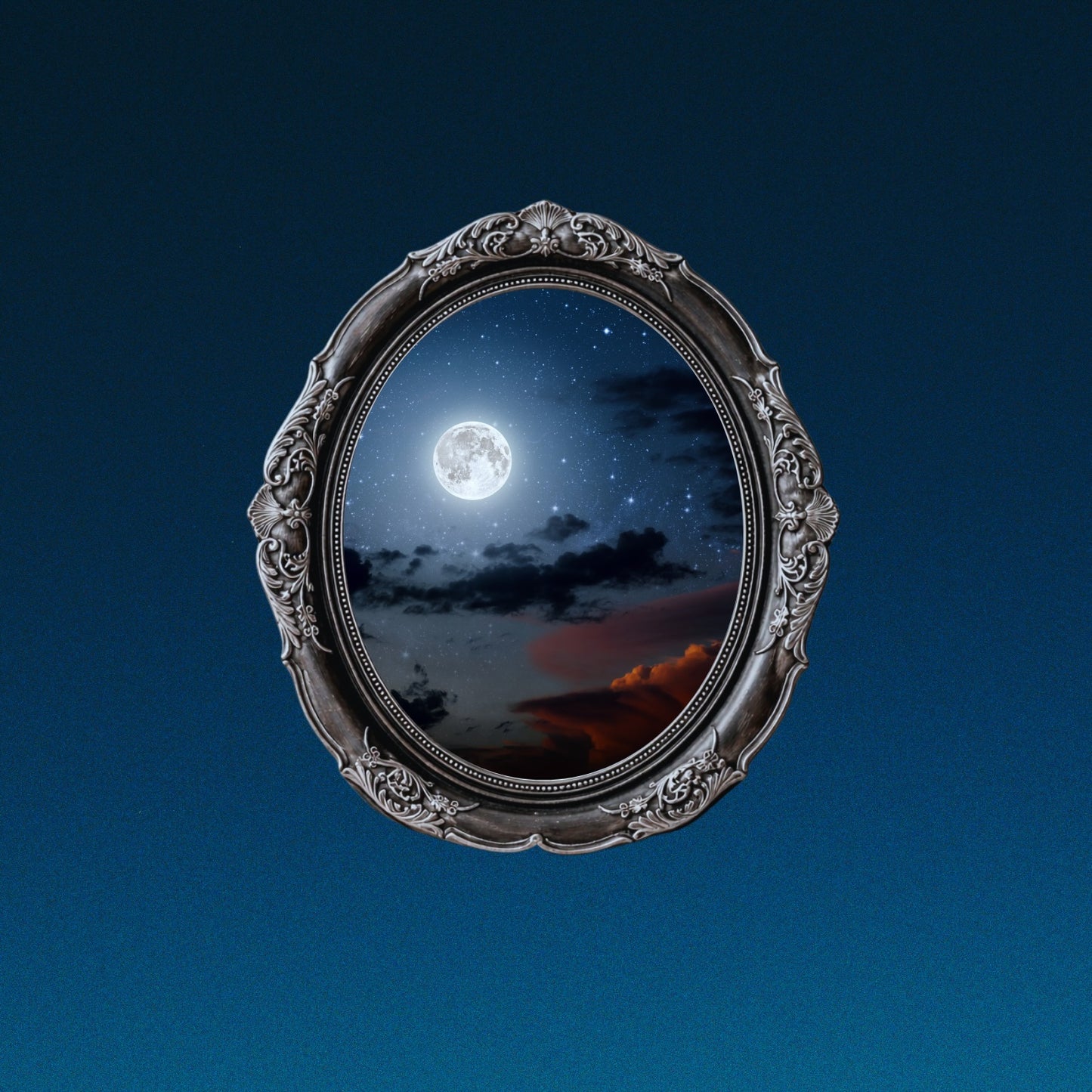 Decorative oval frame with a night sky and moon reflection