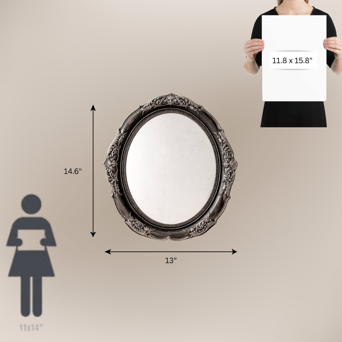 Decorative mirror with dimensions displayed on a beige background