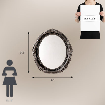 Decorative mirror with dimensions displayed on a beige background