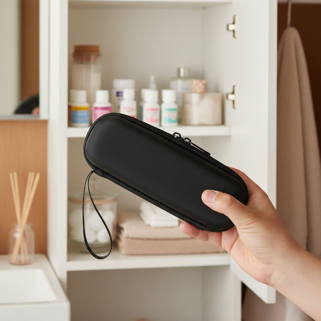 Hand holding a portable black auto-pen travel case in front of a cabinet with various items.