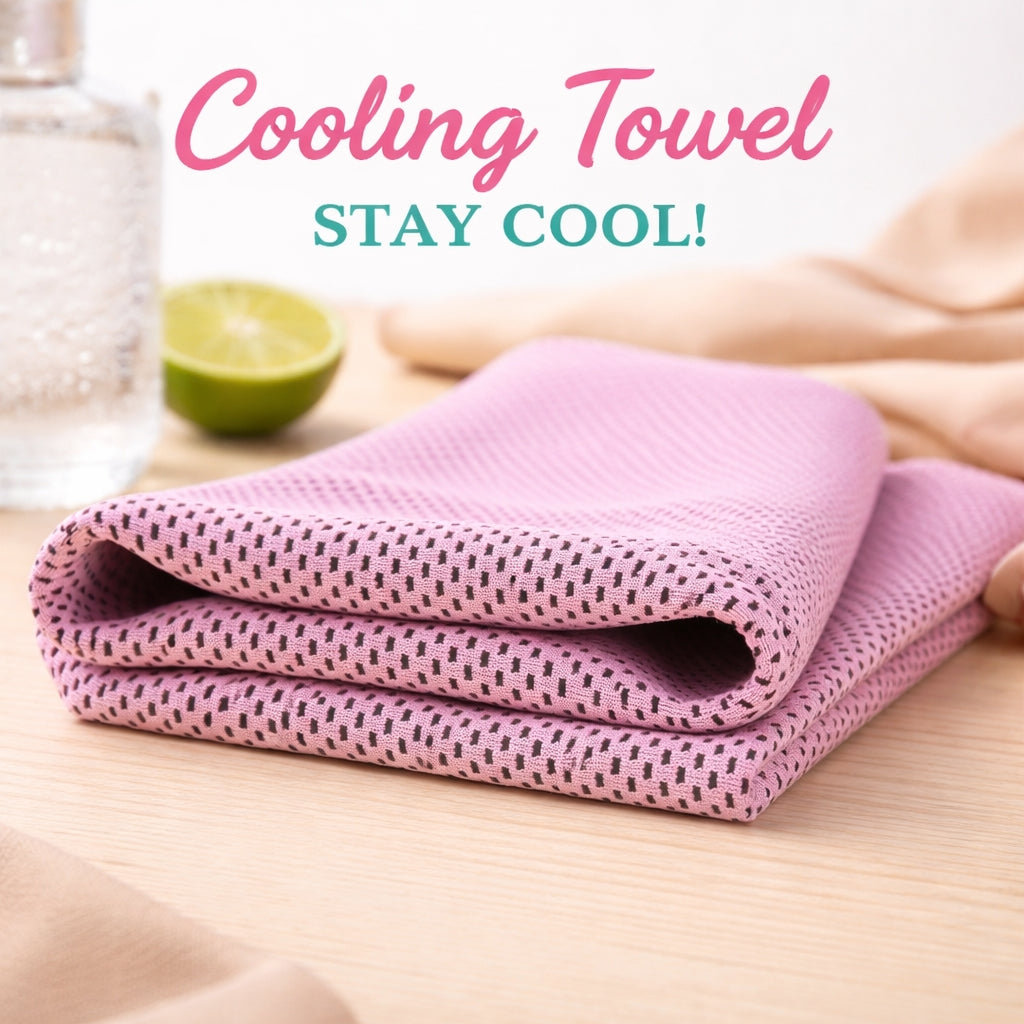 Pink cooling towel on a wooden surface with text 'Cooling Towel STAY COOL!'