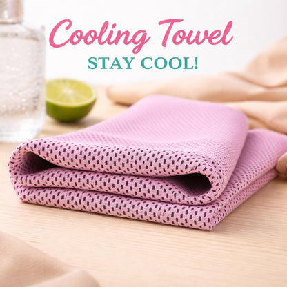 Pink cooling towel on a wooden surface with text 'Cooling Towel STAY COOL!'