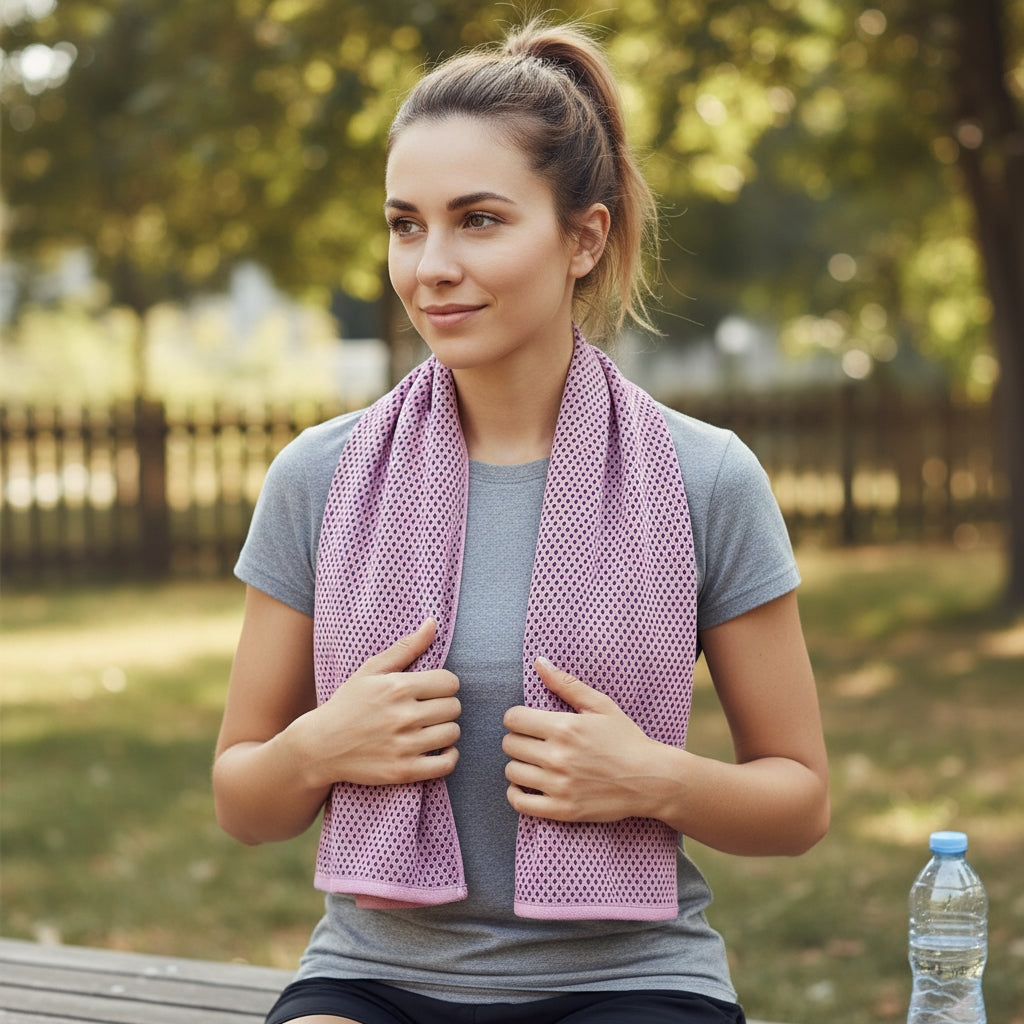Woman with a pink Pink or purplish or mauve cooling towel around her neck in a park setting