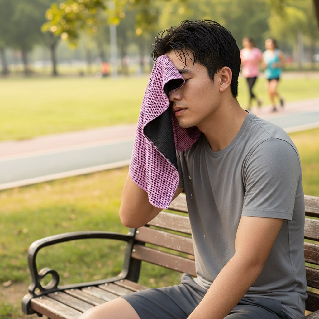 Man sitting on a park bench with a cooling towel over his head, looking tired and sweating.