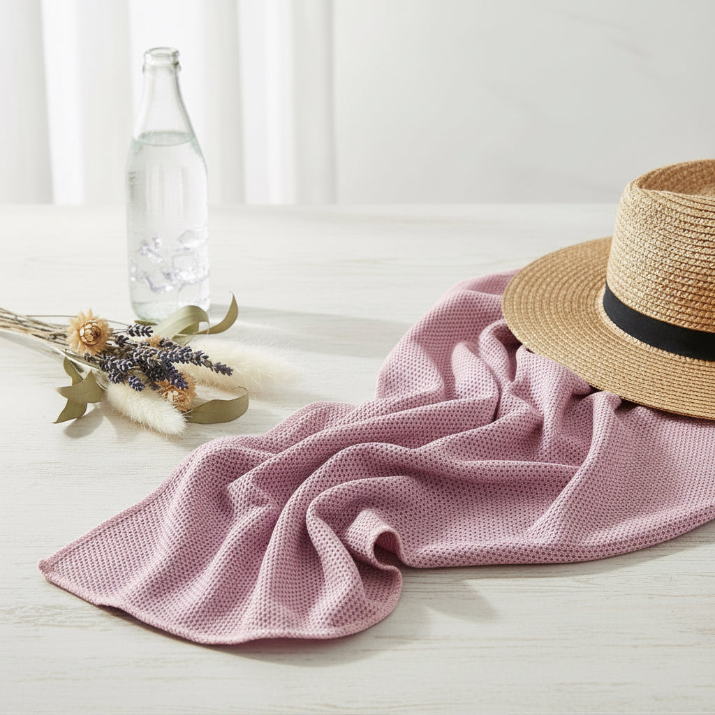 pink cooling towel with a straw hat and bottle on a light surface