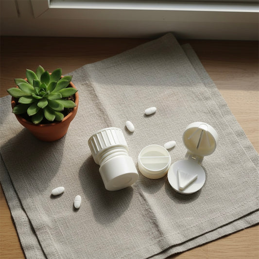 pill cutter and container on a textured surface with scattered pills and a potted plant.