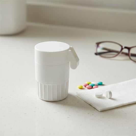 white tablet cutter and crusher box on the counter with pill on the side