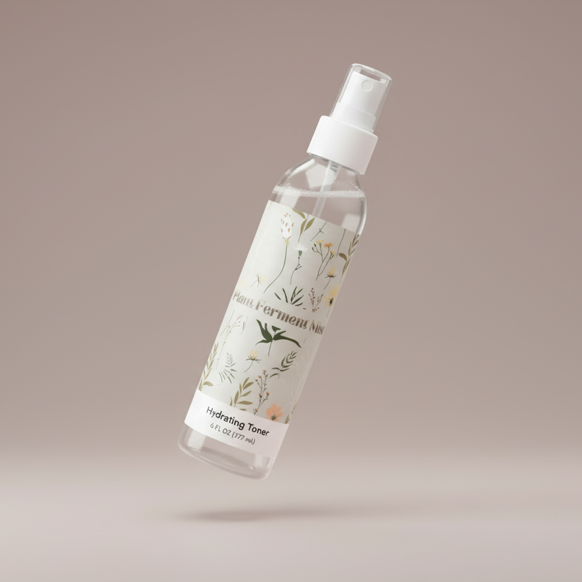 Clear spray bottle with floral label on a beige background
