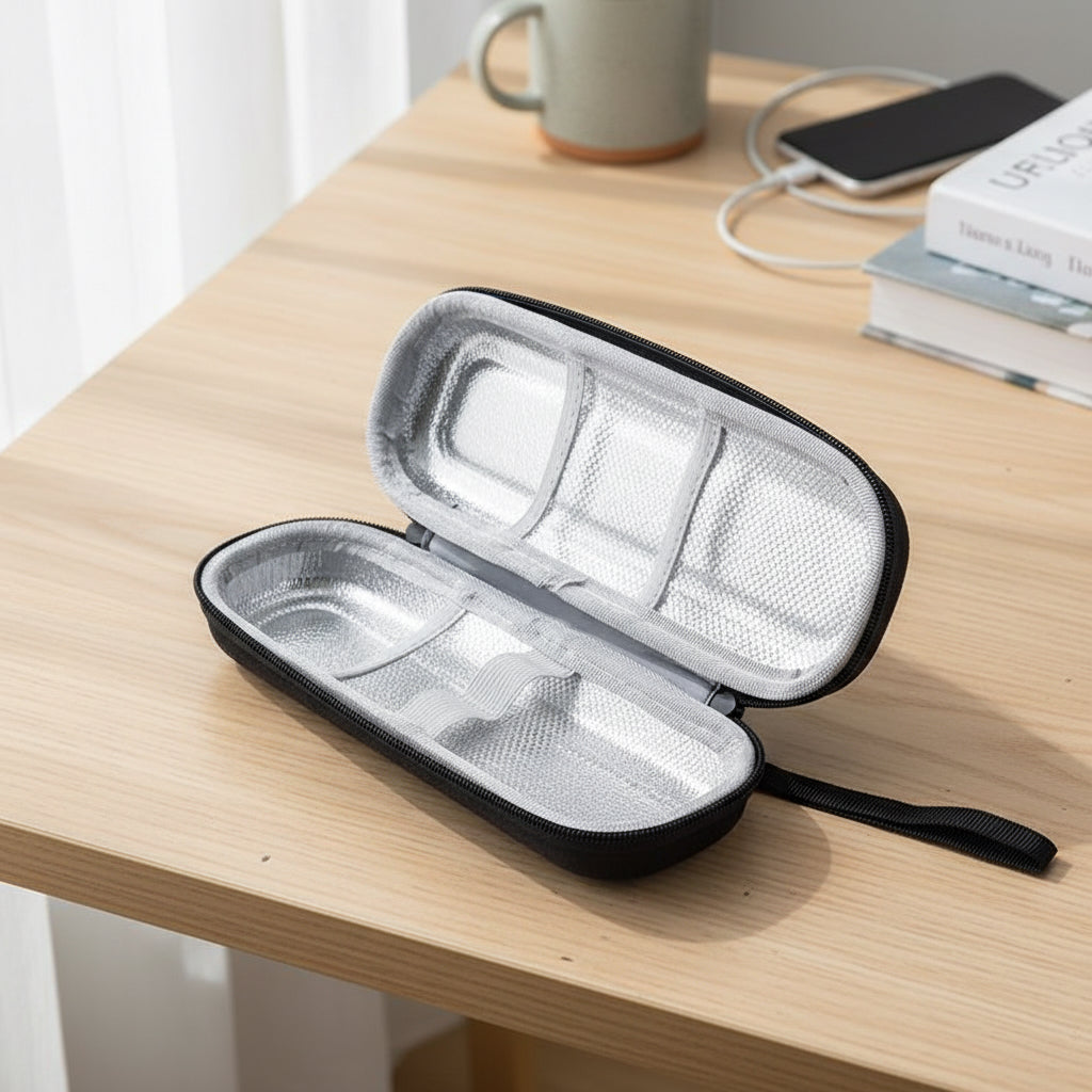 Black and silver hard-shell handy pen cold travel case on a wooden surface with a cup and books in the background.