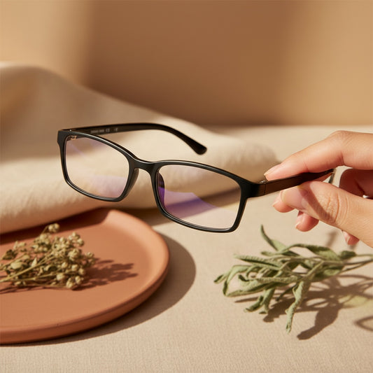 Black eyeglasses held by a hand on a neutral background with a plate and herbs.