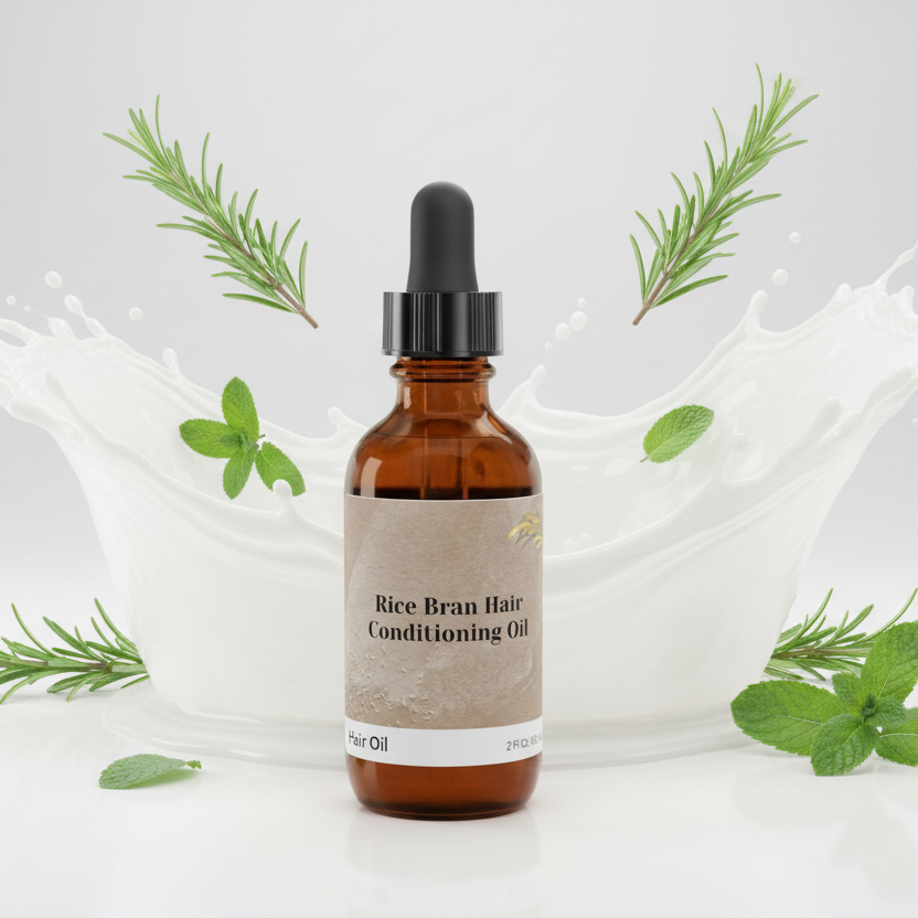 Bottle of rice bran hair conditioning oil with a dropper on a light background with green leaves.