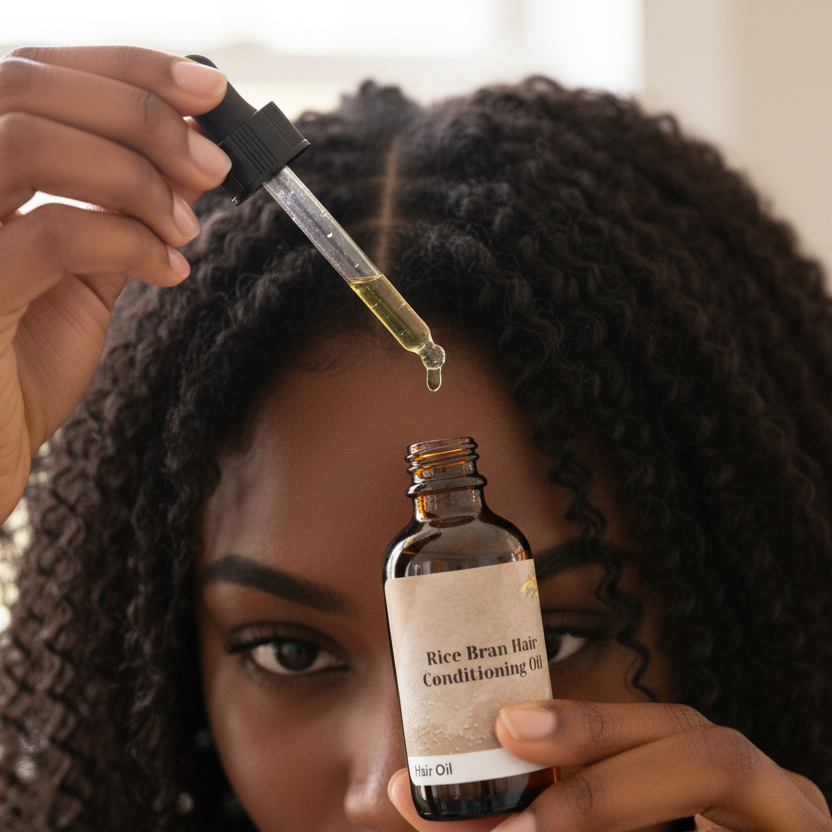 Person applying rice bran hair conditioning oil to their hair using a dropper.