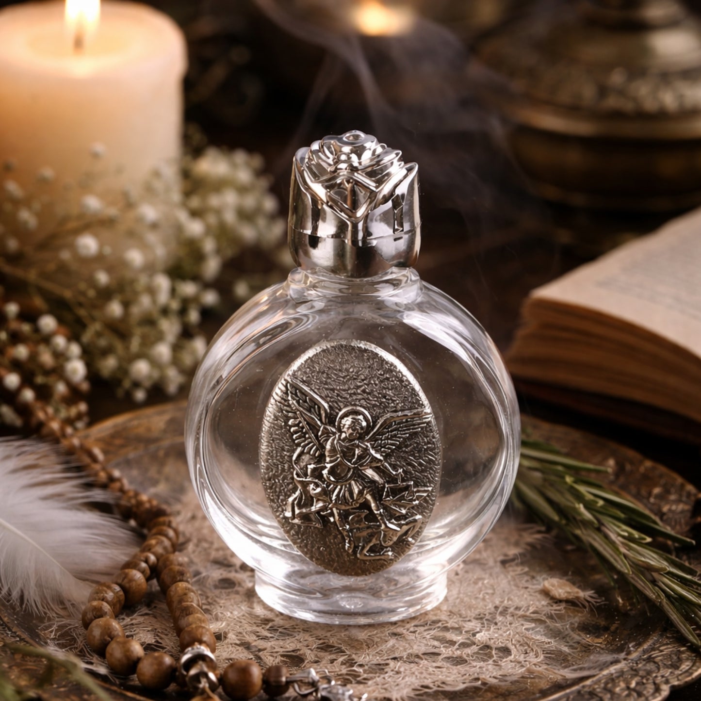 Clear glass bottle with angel emblem on a wooden surface with candles and books in the background