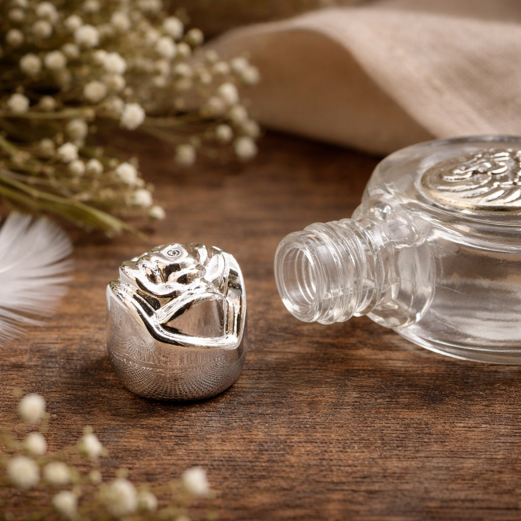Silver ring and clear bottle on a wooden surface with flowers in the background