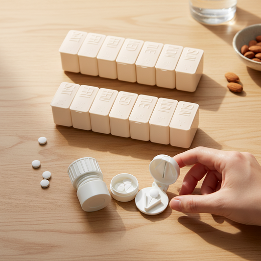 Beige pill organizer and white pill cutter crusher on a table