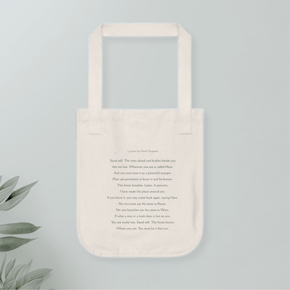 Beige tote bag with text or poem on a light gray background