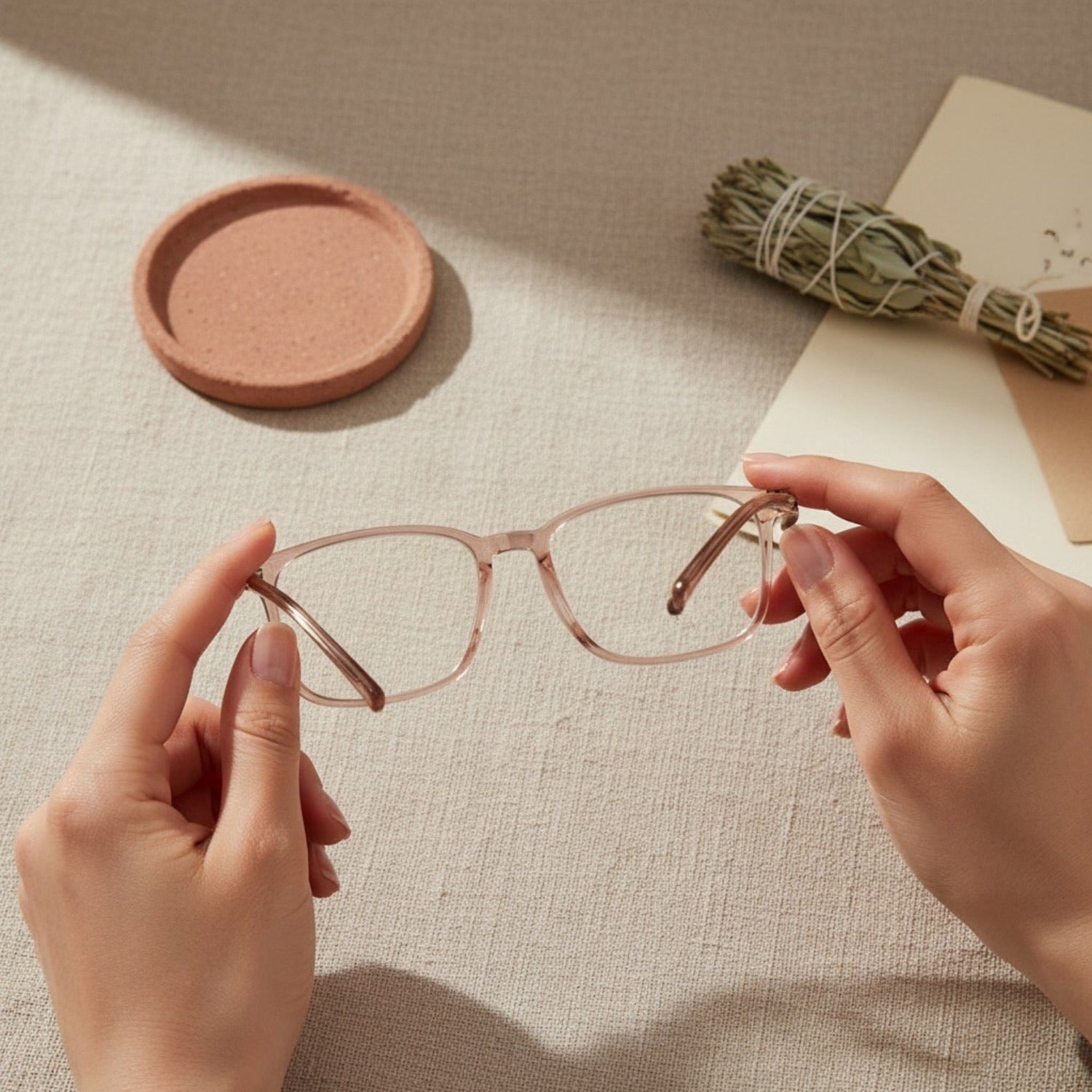 Person holding a pair of glasses on a textured surface with a small plant and coaster.