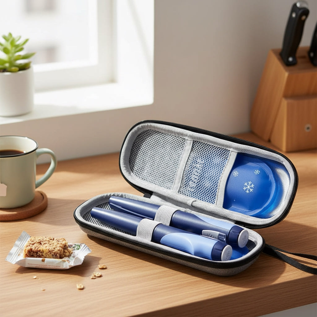 pen travel case on a wooden table with a cup of coffee and snack.