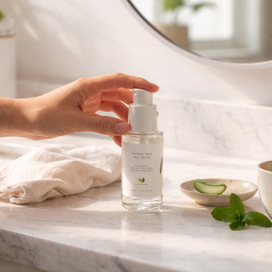 Hand holding a skincare bottle on a marble surface with a bowl of aloe vera and mint leaves.